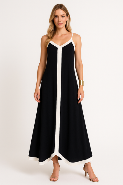Women's Maxi Dress – Loose Fit – Light and Breathable – Thin Straps – Contrast Trim
