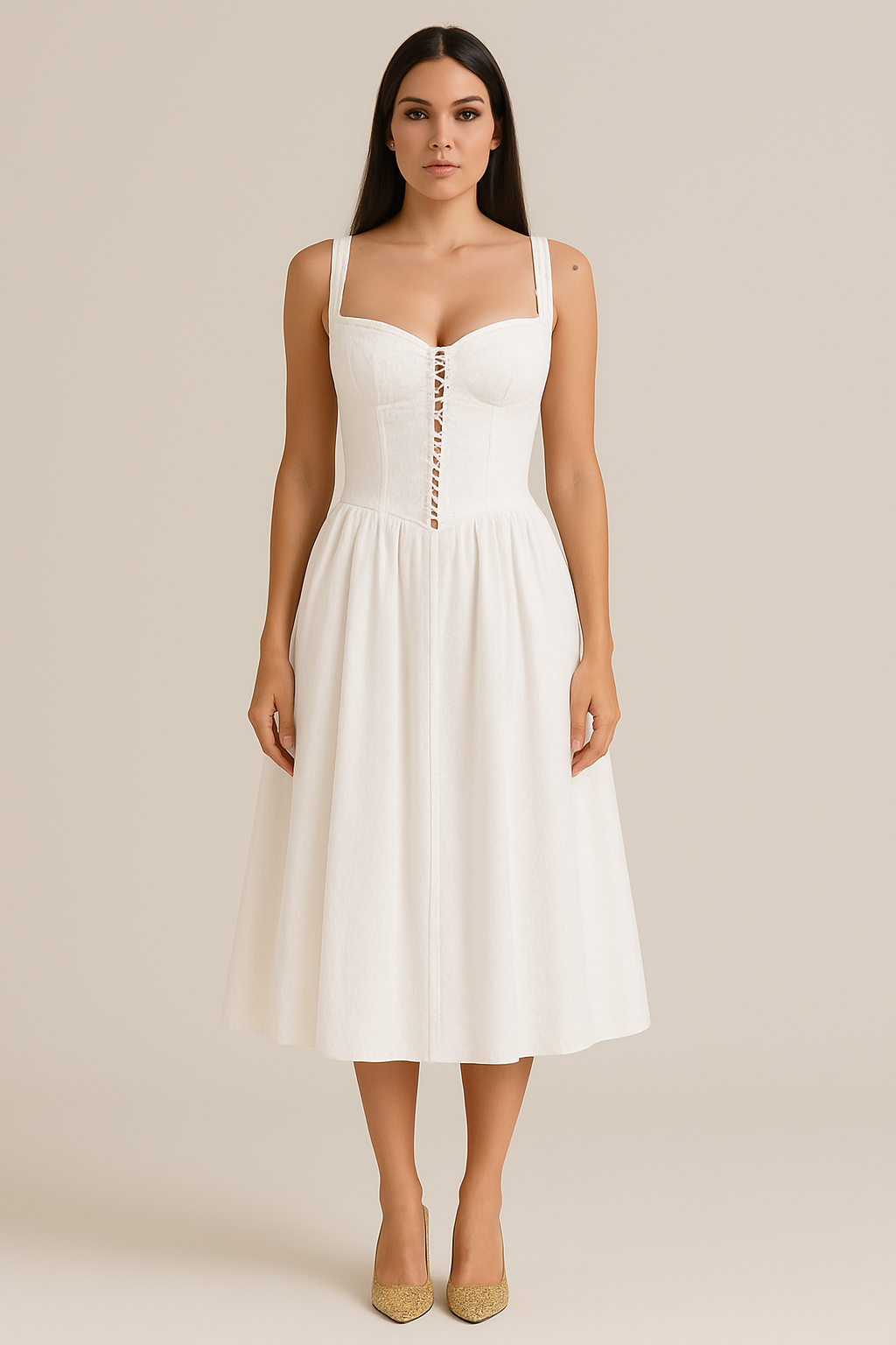 Women's Dress – Midi – Fitted Bodice – Off-Shoulder – Light A-Line Silhouette