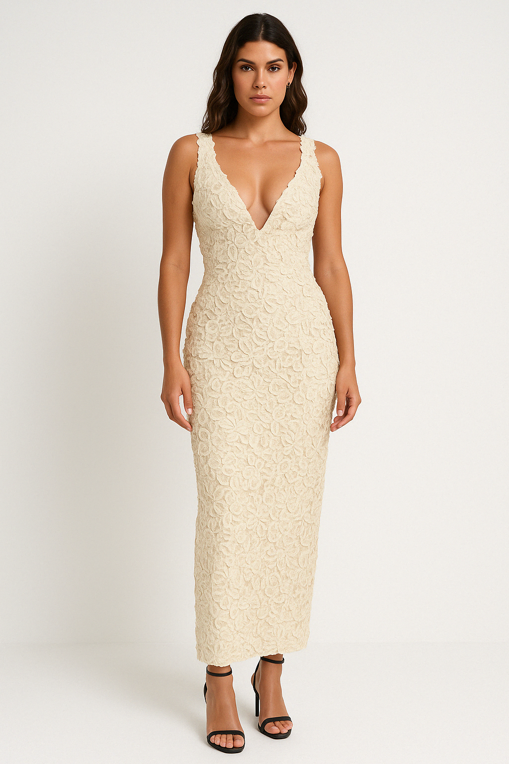 Dress for Women – Evening Dress – Slim Fit – 3D Flower Texture – Deep V-Neck – Ankle Length