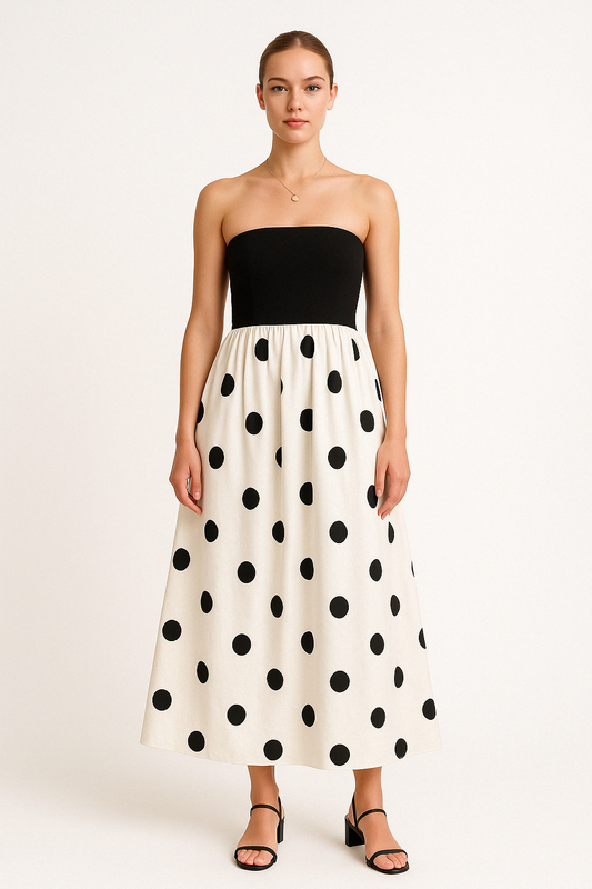 Women's Maxi Dress – Strapless A-line Fit – Lightweight Woven Fabric – Polka Dot Design