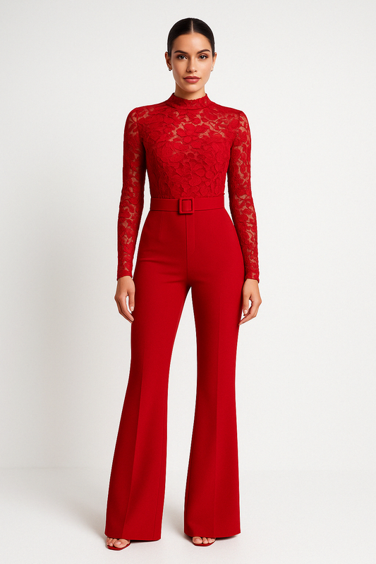 Women's Jumpsuit – Elegant Fit – Embroidered Lace Top – Belt at Waist – Wide Legs