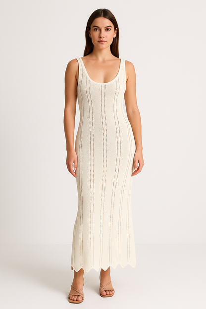Dame Strikkjole – Bodycon Pasform – Ærmeløs – Rygfri – Ankel Lang – Ribstruktur