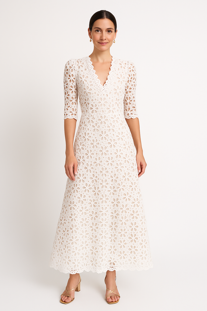 Women's Maxi Dress – Lace – A-Line Fit – V-Neck – Mid Sleeves – Floral Pattern