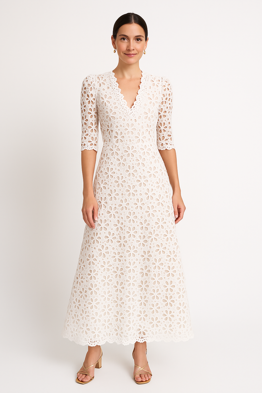 Women's Maxi Dress – Lace – A-Line Fit – V-Neck – Mid Sleeves – Floral Pattern