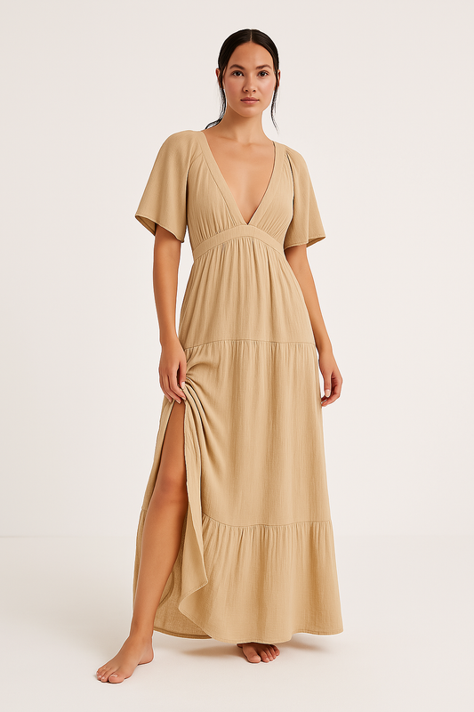 Women's Maxi Dress – Loose Fit – A-Line – V-Neck – Open Back – Lightweight and Breathable