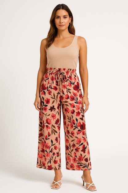 Damebukser – Chiffon – Vidde Ben – Høj Talje – Blomstret Print – Snørelukning