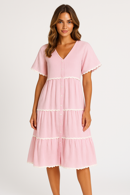 Dress for Women – V-Neck – Loose Fit – Layered Design with Lace Trim