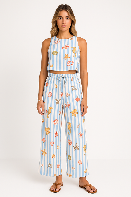 Women's Set – Sleeveless Cropped Top and Wide Pants – Striped Linen – Relaxed Fit