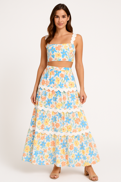 Women's Two-piece Set – Crop Top with Lace Straps – A-line Skirt with Ruffles