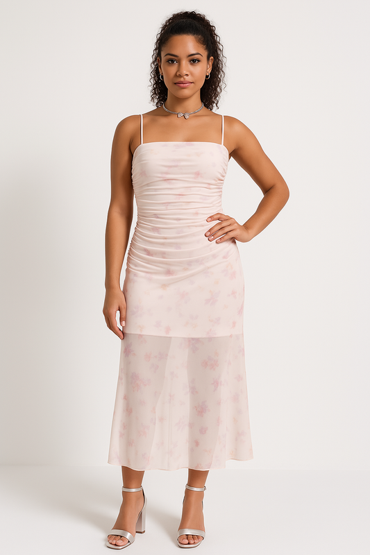 Women's Maxi Dress – Slim Fit – Ruched Detail – Spaghetti Straps – Mermaid Hem