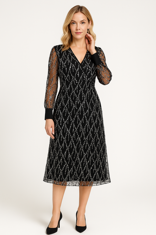 Dress for Women – Long-Sleeved Maxi Dress – Sequin Design with Fringe – V-Neck