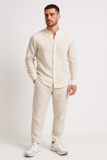 Men's Set – Linen Shirt with Mandarin Collar and Long Sleeves – Straight Pants, Breathable Casual Fit