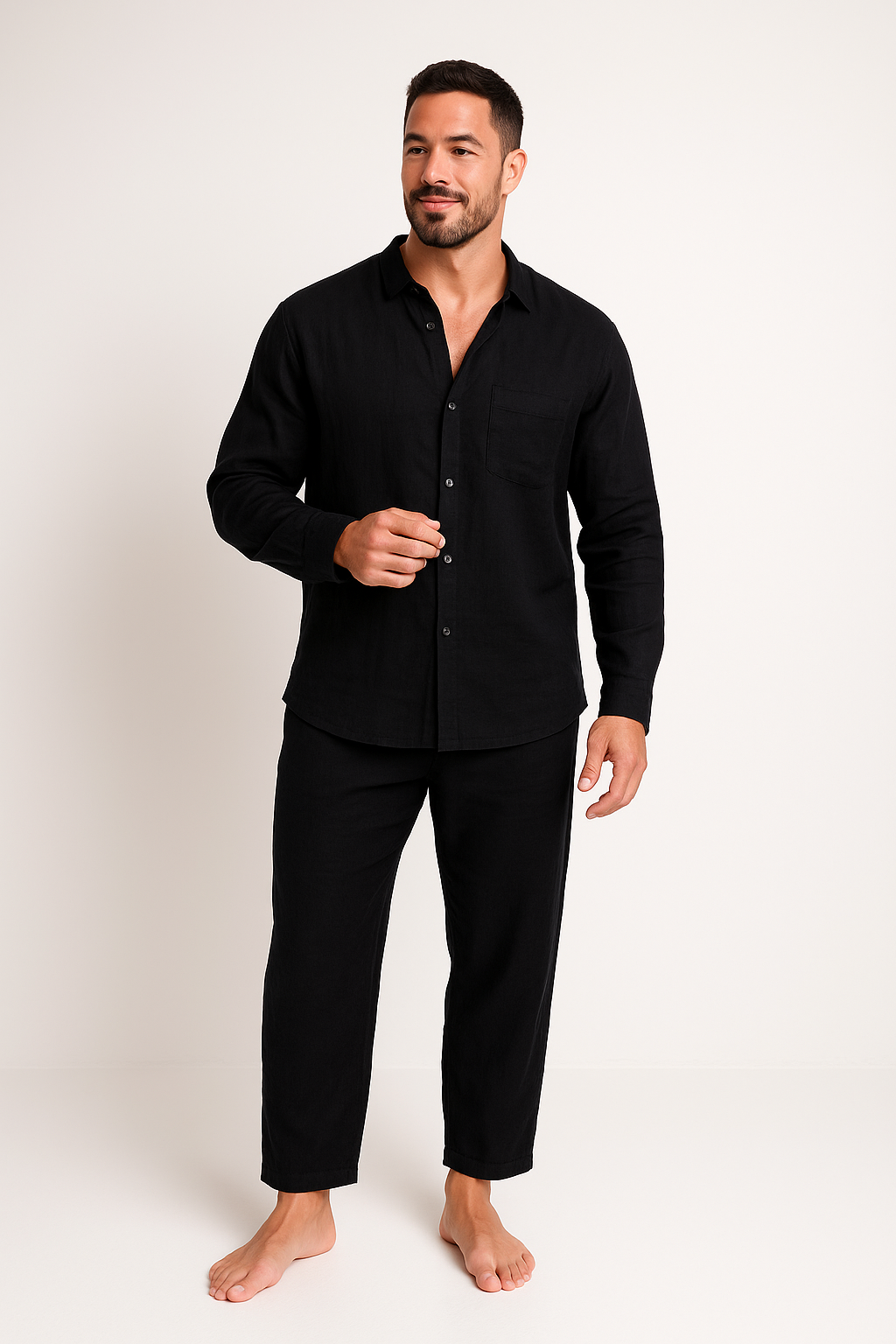 Men's Set – Linen Shirt with Mandarin Collar and Long Sleeves – Straight Pants, Breathable Casual Fit