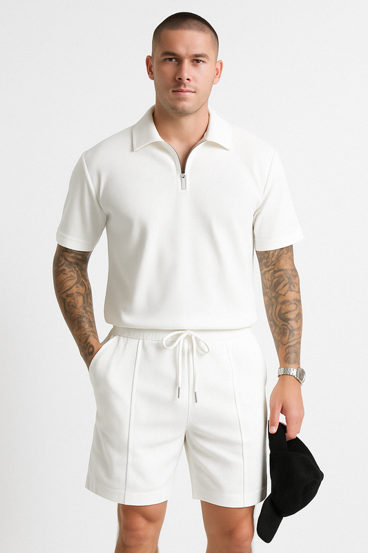 Men's Set with Polo and Shorts – Relaxed Fit – Breathable Material – Zipper Collar