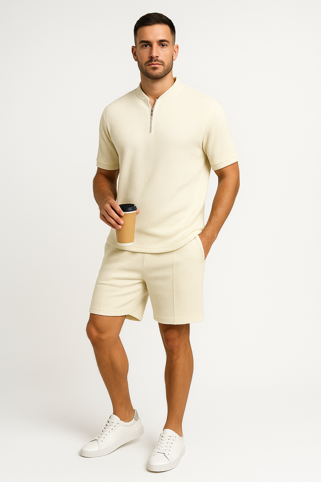 Men's Set with Zipper and Shorts – Waffle Knit – Relaxed Fit – Breathable Design