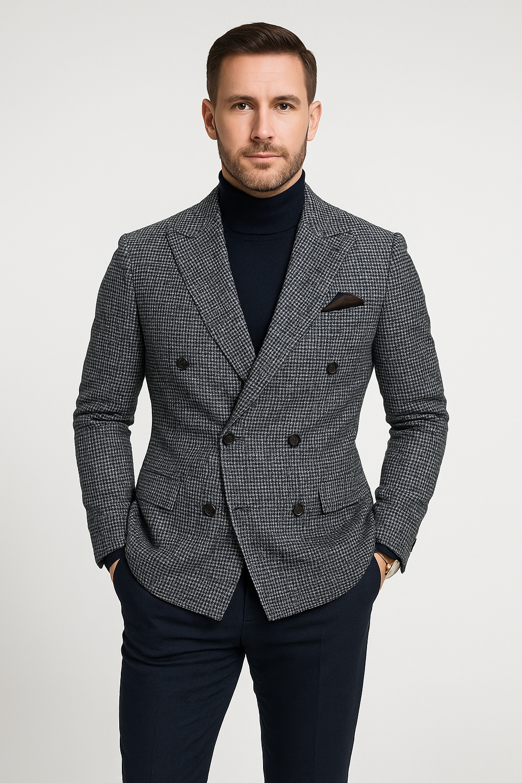 Men's Blazer – Tailored Fit – Double-Breasted – Tweed Texture – Peak Lapels