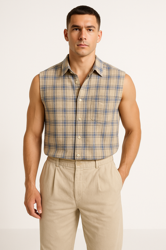 Men's Sleeveless Shirt – Loose Fit – Button Closure – Breathable Plaid Casual Style