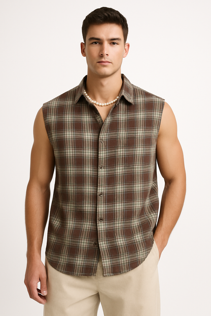 Men's Sleeveless Shirt – Loose Fit – Lightweight Cotton – Button Closure – Checked Casual