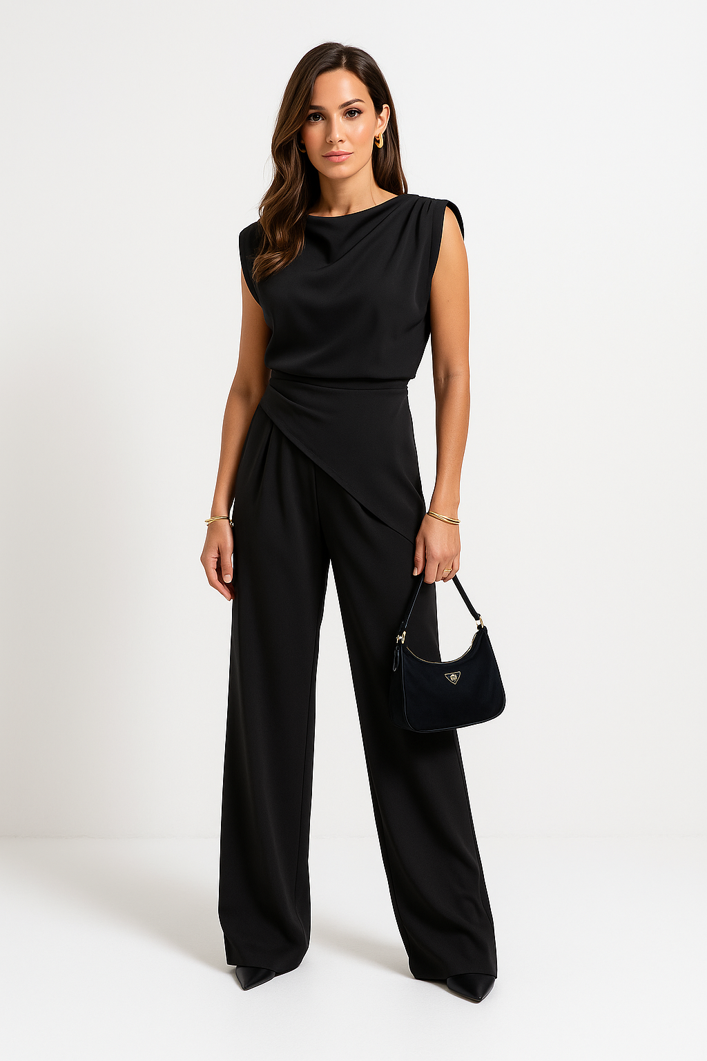 Women's Set – Relaxed Fit – Draped Top – High-Waisted Wide Pants – Luxury Fabric