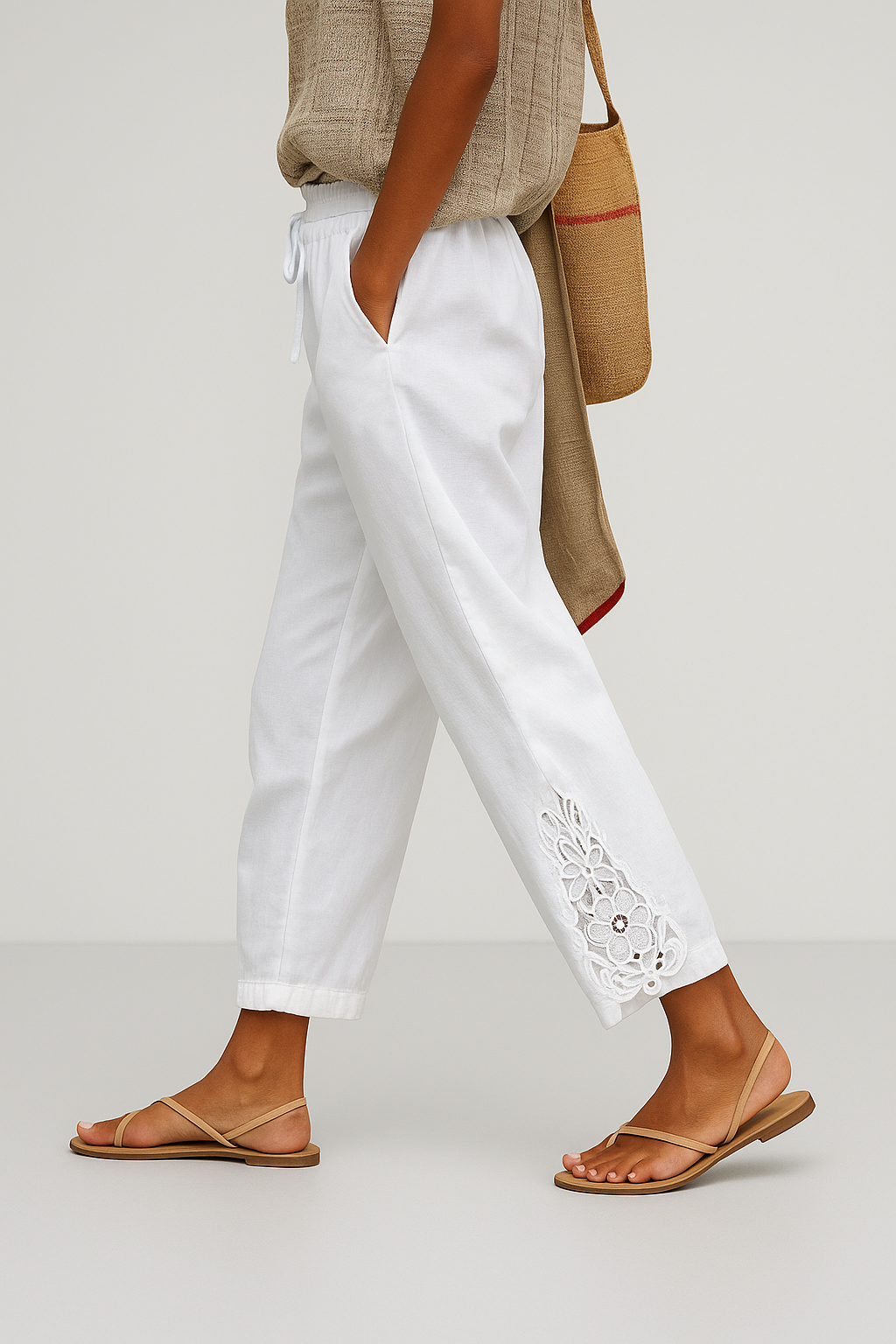 Women's Pants – Relaxed Fit – Drawstring Waist – Embroidered Edge – Breathable Blend Quality