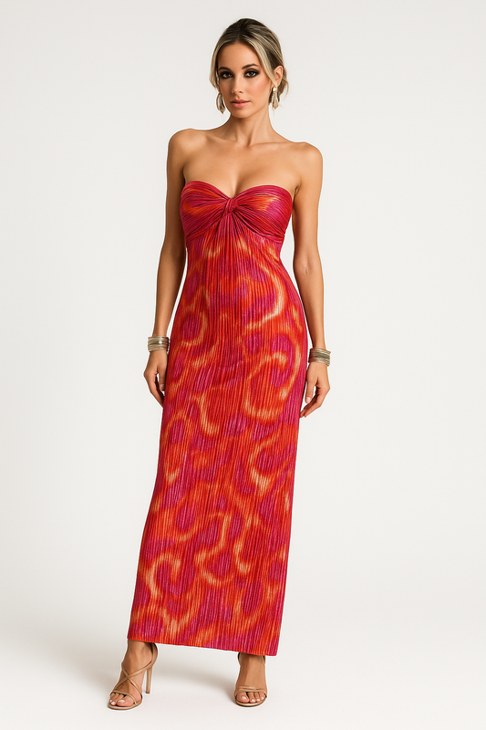 Women's Maxi Dress – Slim Fit – Strapless – Pleated Texture – Abstract Print