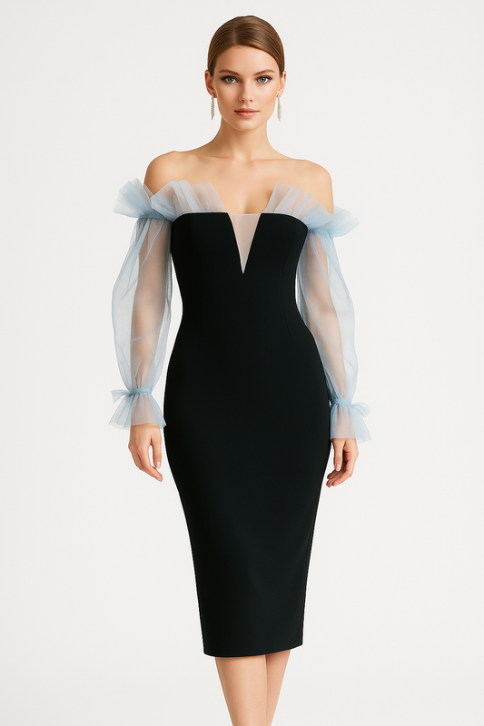 Dress for women – Bodycon fit – Off-shoulder – V-neckline – Ruffle sleeves