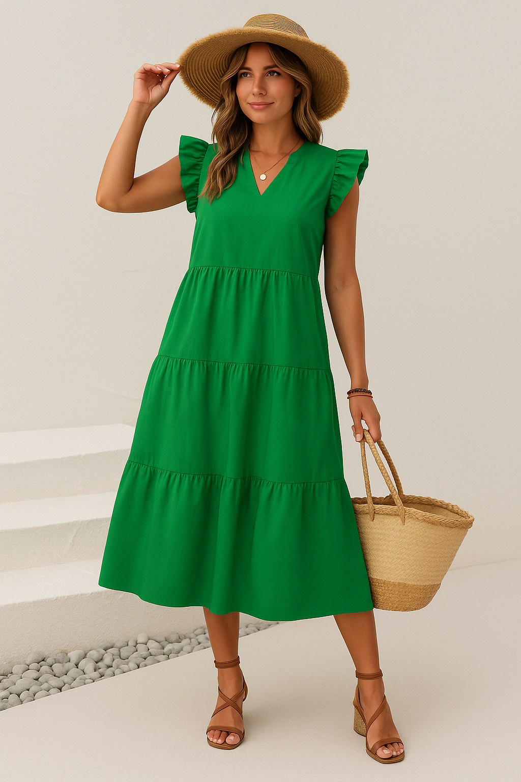 Women's Midi Dress – V-Neck – Short Sleeves with Ruffles – Relaxed Fit – Fitted Waist