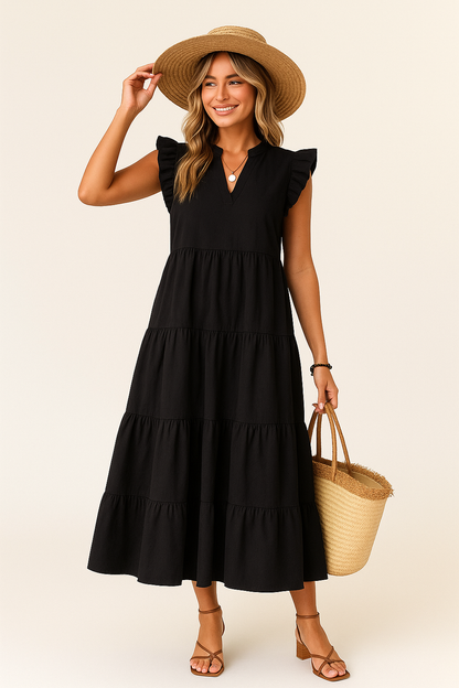 Women's Midi Dress – V-Neck – Short Sleeves with Ruffles – Relaxed Fit – Fitted Waist