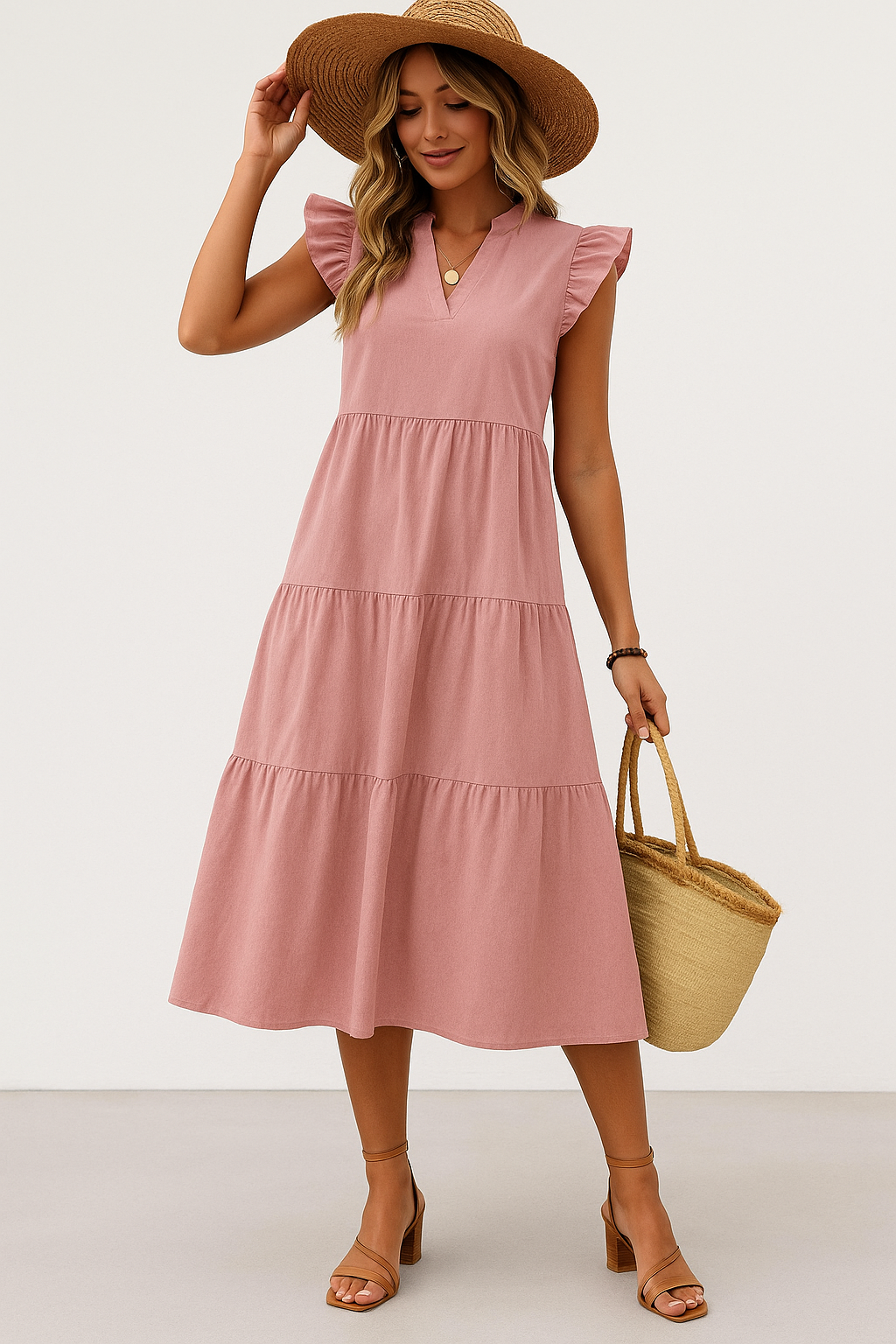 Women's Midi Dress – V-Neck – Short Sleeves with Ruffles – Relaxed Fit – Fitted Waist