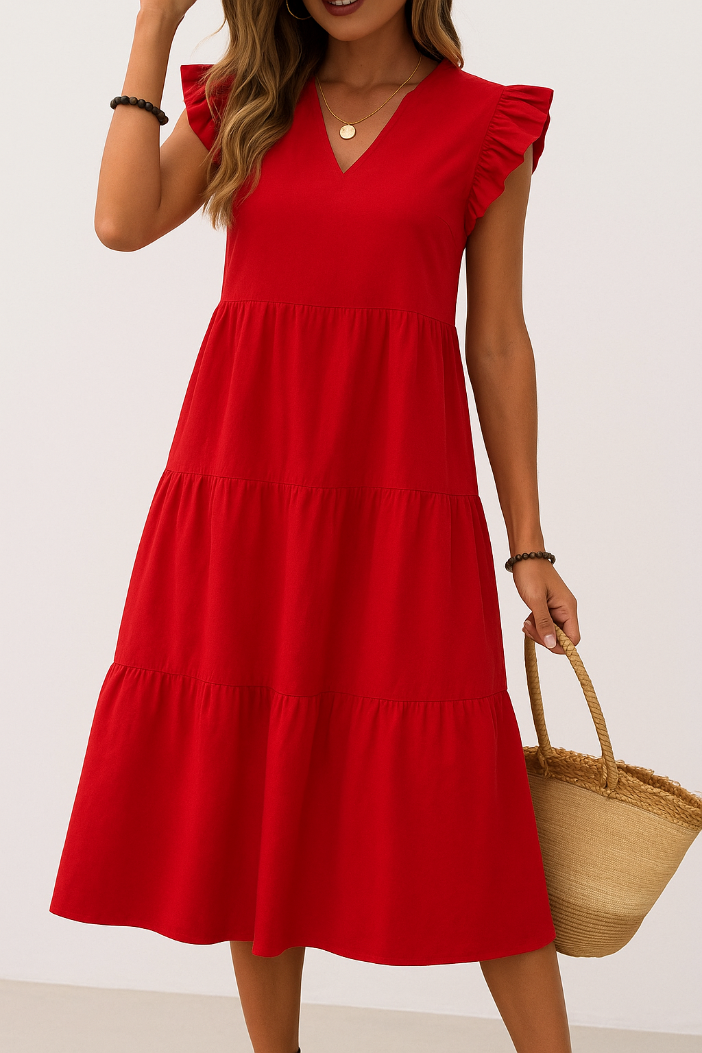 Women's Midi Dress – V-Neck – Short Sleeves with Ruffles – Relaxed Fit – Fitted Waist