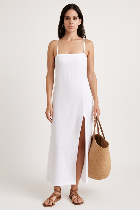 Women's Midi Dress – Relaxed Fit – Spaghetti Straps – Natural Fibers – Slit