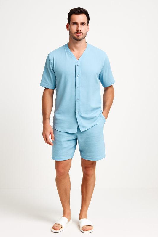 Men's Set – V-Neck Shirt with Buttons and Shorts – Relaxed Fit in Cotton