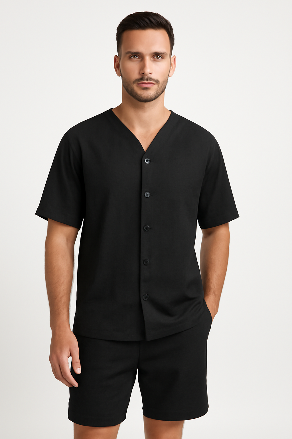 Men's Set – V-Neck Shirt with Buttons and Shorts – Relaxed Fit in Cotton