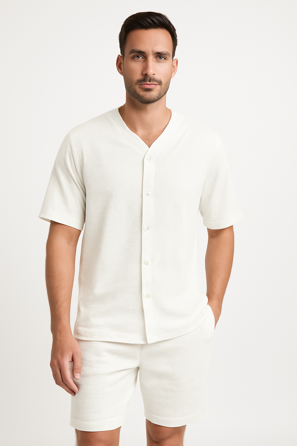 Men's Set – V-Neck Shirt with Buttons and Shorts – Relaxed Fit in Cotton