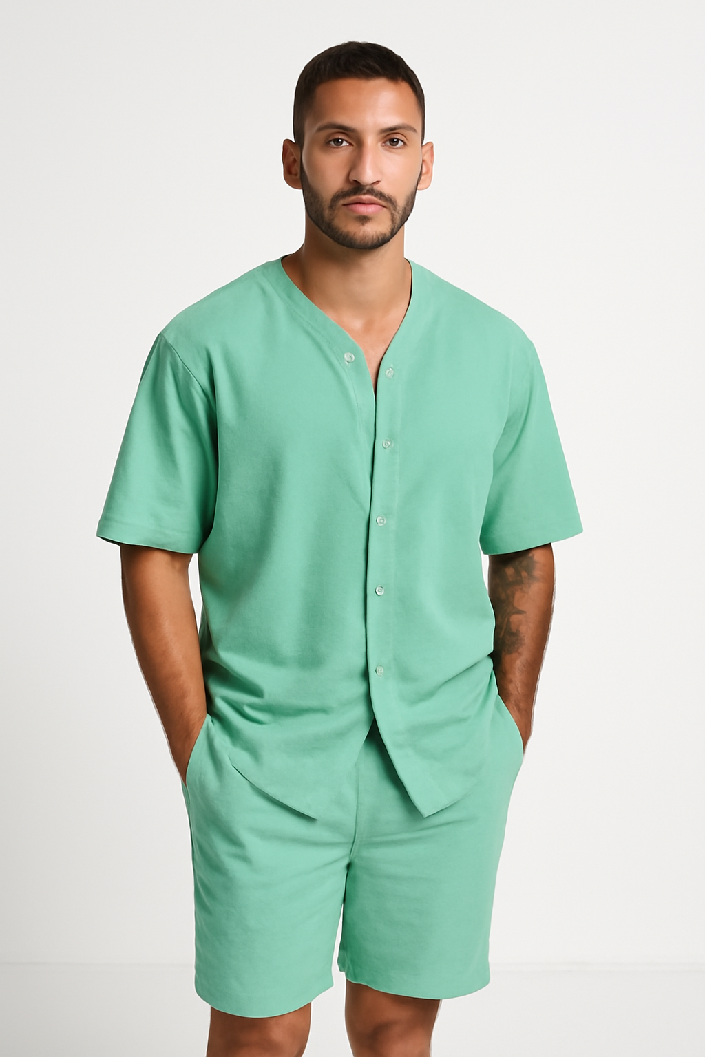 Men's Set – V-Neck Shirt with Buttons and Shorts – Relaxed Fit in Cotton
