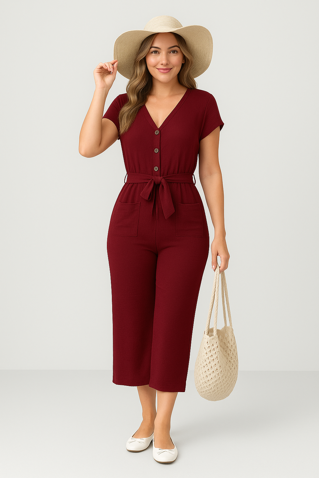 Women's Jumpsuit – Relaxed Fit – Breathable Material – Short Sleeves – Belt at Waist