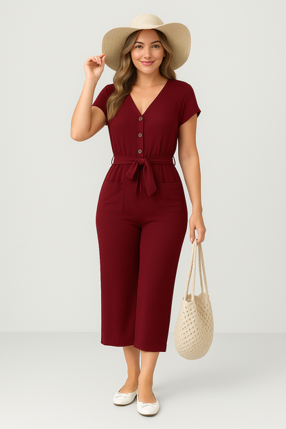 Women's Jumpsuit – Relaxed Fit – Breathable Material – Short Sleeves – Belt at Waist