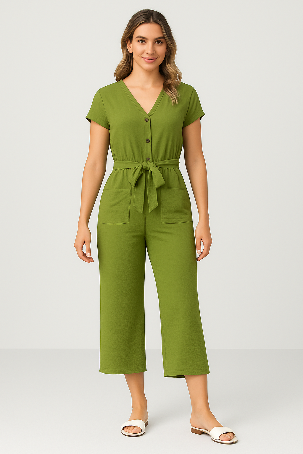 Women's Jumpsuit – Relaxed Fit – Breathable Material – Short Sleeves – Belt at Waist