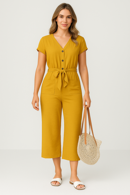 Women's Jumpsuit – Relaxed Fit – Breathable Material – Short Sleeves – Belt at Waist