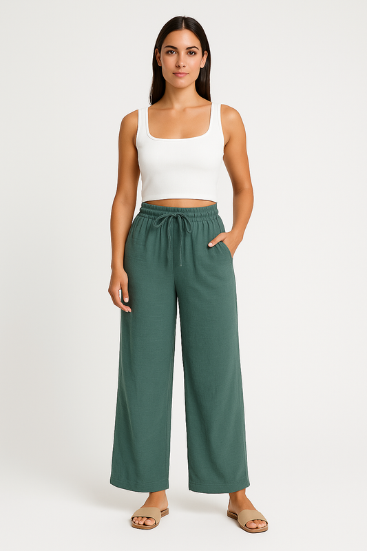 Women's Wide Leg Pants – Relaxed Fit – Elastic Waist with Drawstring – Breathable Soft Quality