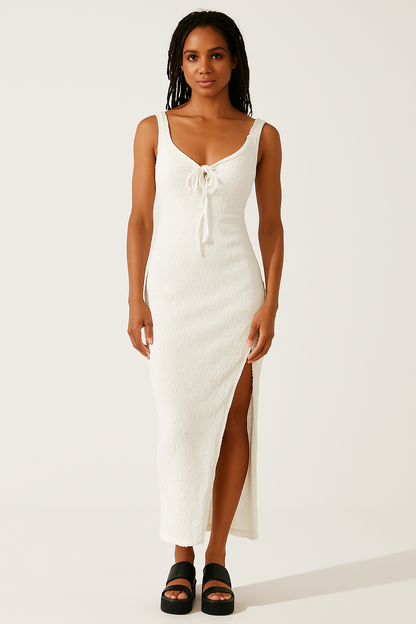 Women's Maxi Dress – Slim Fit – Open Back – Slit – Front Tie – Textured Fabric