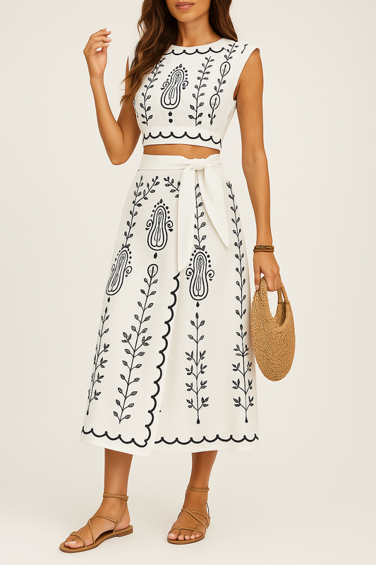 Women's Two-piece Set – Sleeveless Crop Top with Embroidery – Midi Wrap Skirt in Lightweight Material