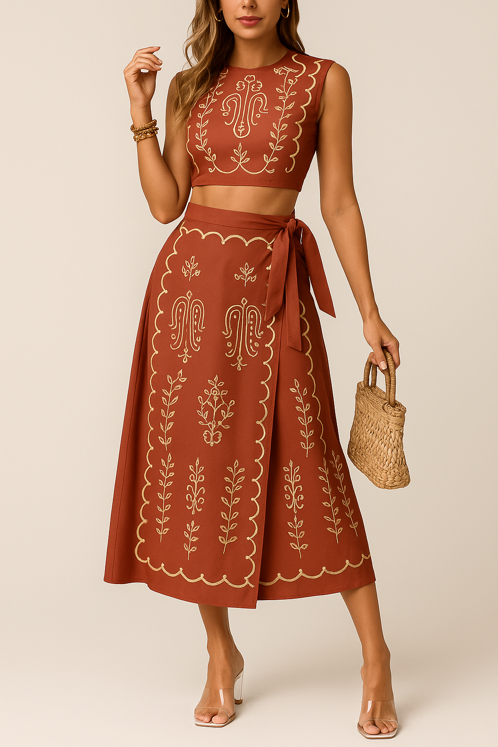 Women's Two-piece Set – Sleeveless Crop Top with Embroidery – Midi Wrap Skirt in Lightweight Material