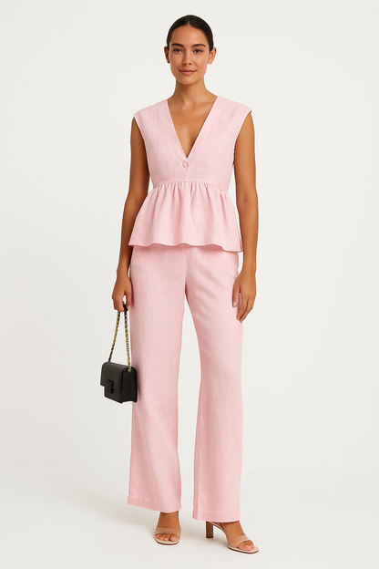 Women's Two-Piece Set – Sleeveless Peplum Top with V-Neckline – Loose Pants in Breathable Material