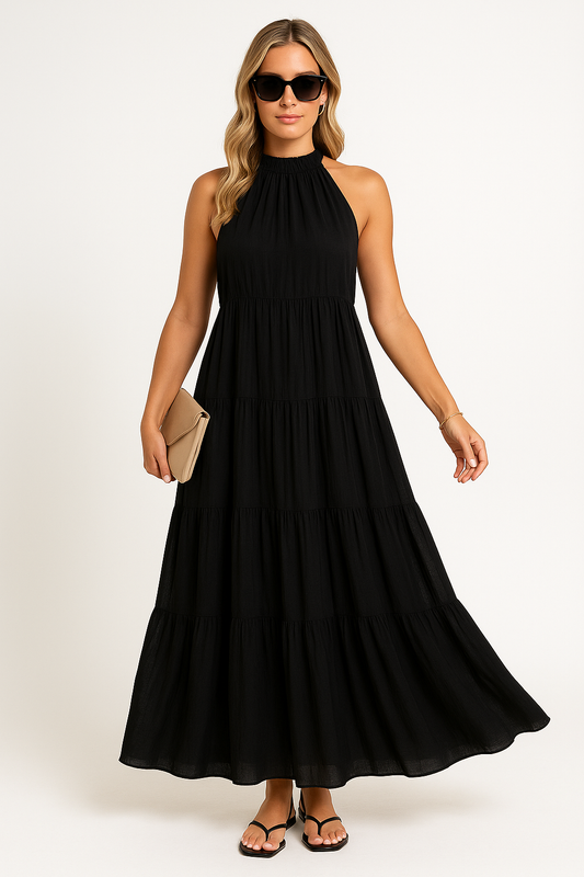 Women's Halterneck Dress – Long with Layered Skirt – Loose Fit – Breathable Material