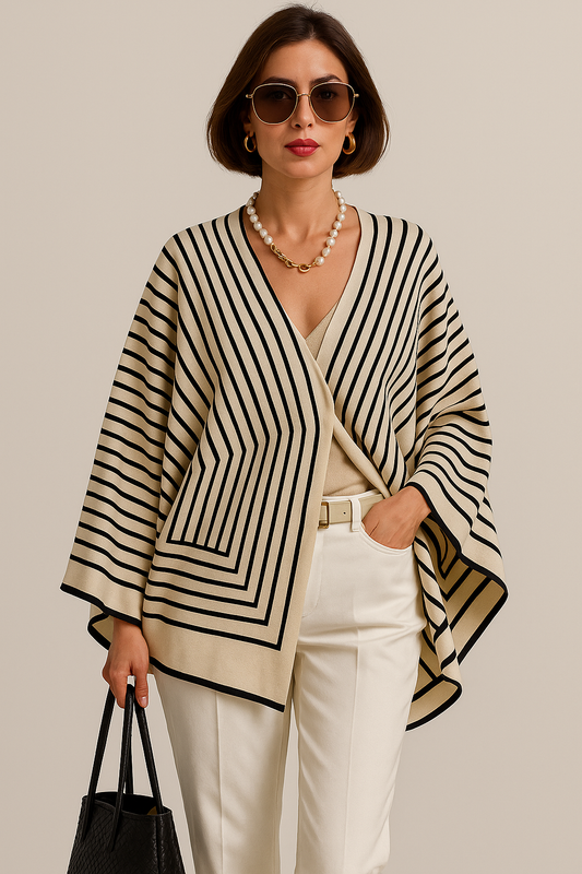 Women's Poncho – Oversized Fit – Knitted – Striped Pattern – Open Front