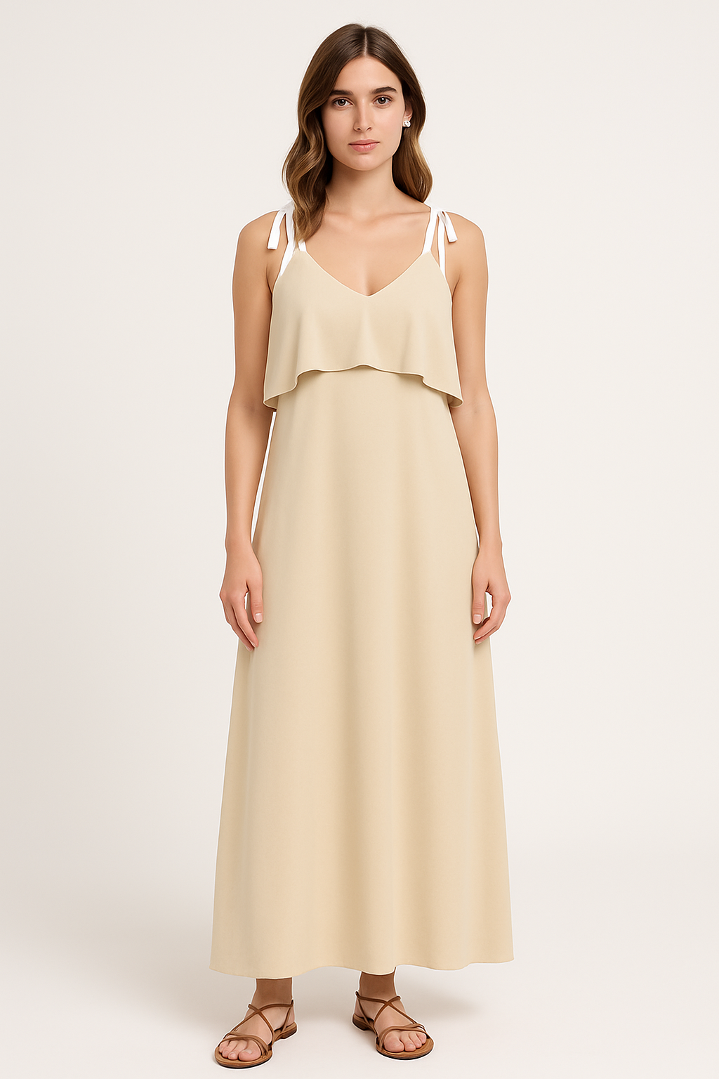 Women's Maxi Dress – Loose Fit – Breathable Fabric – Tie Straps – Ruffle Detail