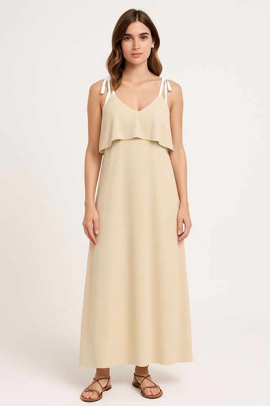 Women's Maxi Dress – Loose Fit – Breathable Fabric – Tie Straps – Ruffle Detail