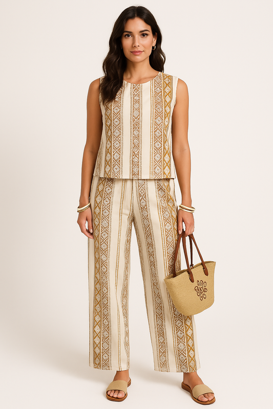 Women's Set with Sleeveless Top and Wide Pants – Relaxed Fit – Geometric Pattern