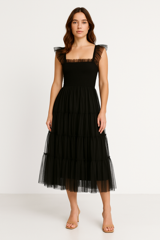 Women's Dress – Smocked Bodice – Layered Mesh Skirt – Sleeveless with Ruffle Details